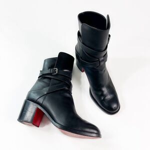CHRISTIAN LOUBOUTIN Karistrap Black Ankle Boot Size 37 Block Heel Buckle Strap
